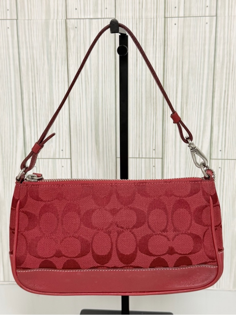 Coach Signature Jacquard Red Mini Shoulder Bag Y2K Baguette Purse Leather Trim - Picture 2 of 13